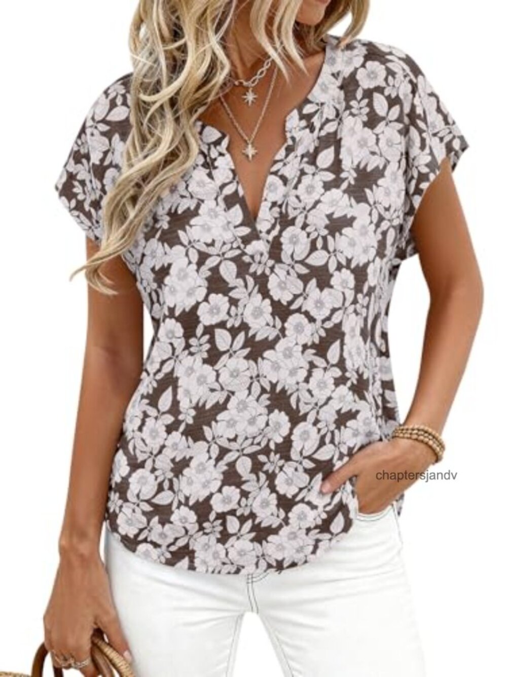 Floral V Neck Cap Sleeve Loose Fit Womens T Shirt Knit Stretch Dressy Casual Top